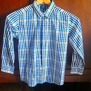 Boys Izod, blue plaid button up dress shirt, size 10/12